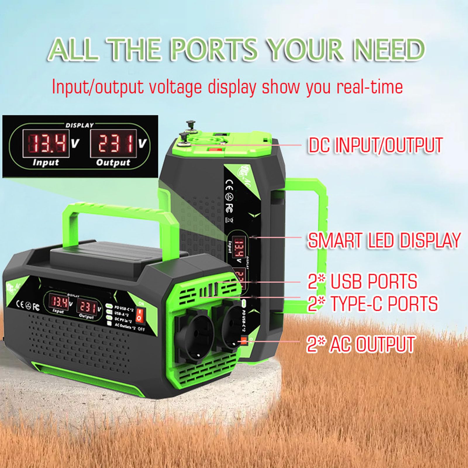 Pongnas Przetwornica Samochodowa 500 W Przetwornica Napięcia 12 V DC na 220 V AC z Wyświetlaczem Cyfrowym, 2 Gniazdami USB-A + 2 + AC do Laptopa Telefon Lodówka CPAP – 1000 W, wydajność ponad 90%
