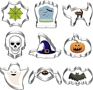 Halloween Cookie Cutters Set, 9PCS Large Metal Biscuit Cutter Molds for Baking Bat,Pumpkin,Cat,Witch,Ghost,Spider,Skull,Sp...