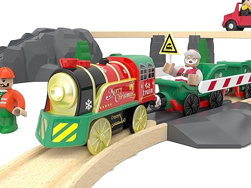 Miniatura 8 de Juego de tren eléctrico para pistas de madera, juguete de trenes a batería con luces y sonidos para niños pequeños, tren motorizado para niños,