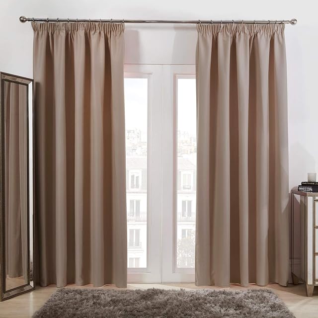 Dreamscene Pencil Pleat Blackout Curtains Set of 2 Thermal Tape Top Heading Panels, Beige Natural - Width 66" x Drop 72"