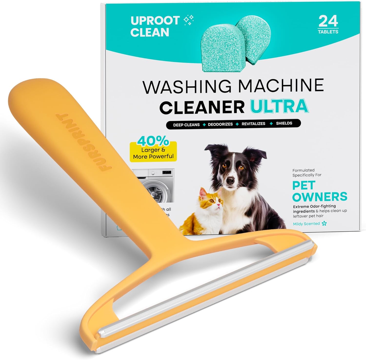 Uproot Clean Washing Machine Cleaner Tablets Ultra + Fursprint Xtra Pet Hair Removal Tool Bundle, HE/Top/Front Load Compatible Tabs, Help Remove Odor & Reusable Fur Scraper for Carpets & Cars