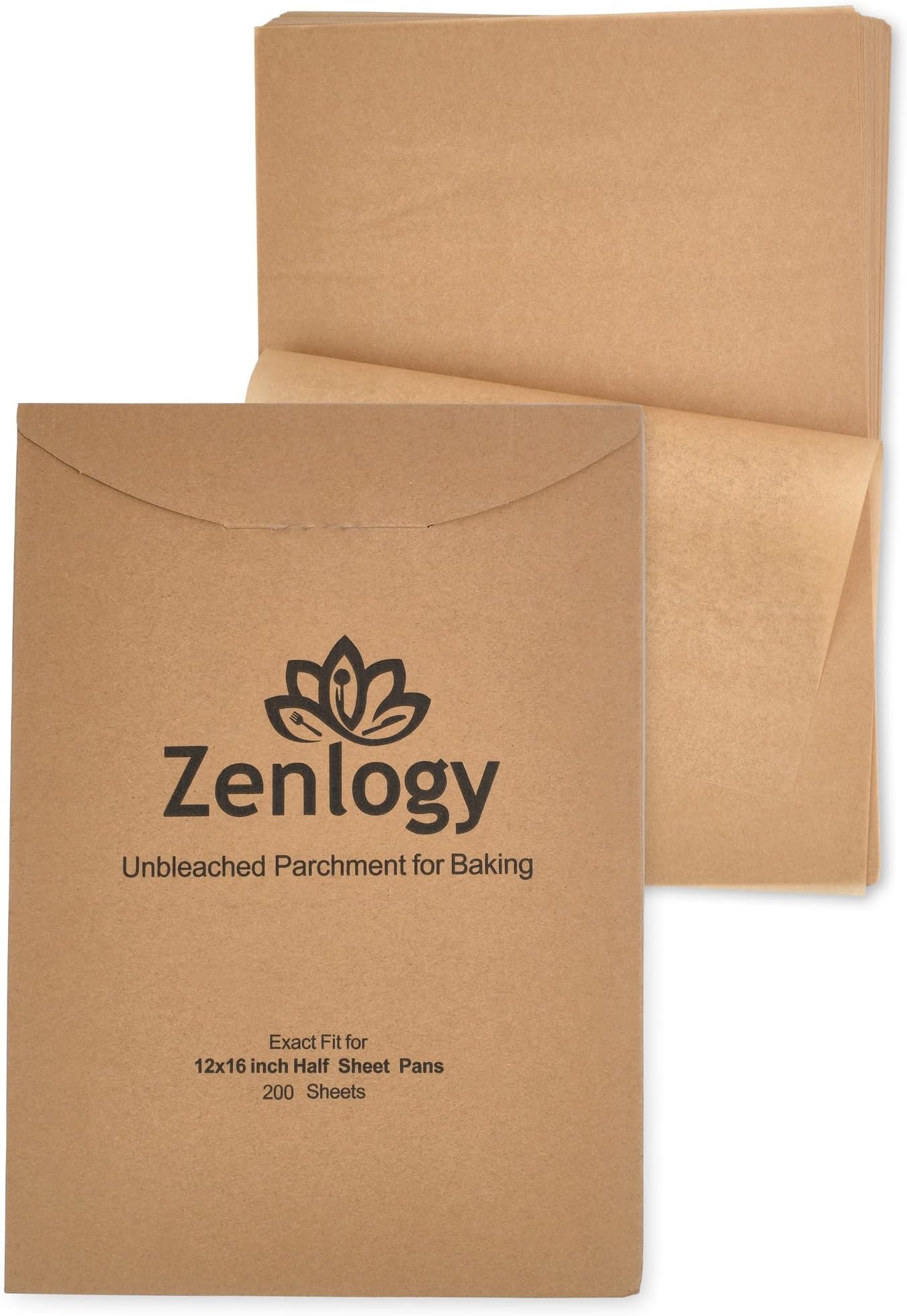 ZenlogyParchment Paper Sheets 12x16 (200 sheets) for Baking - Unbleached Chlorine-free High Heat Non-Stick Pre-Cut Parchment Paper for Half Sheet Pans