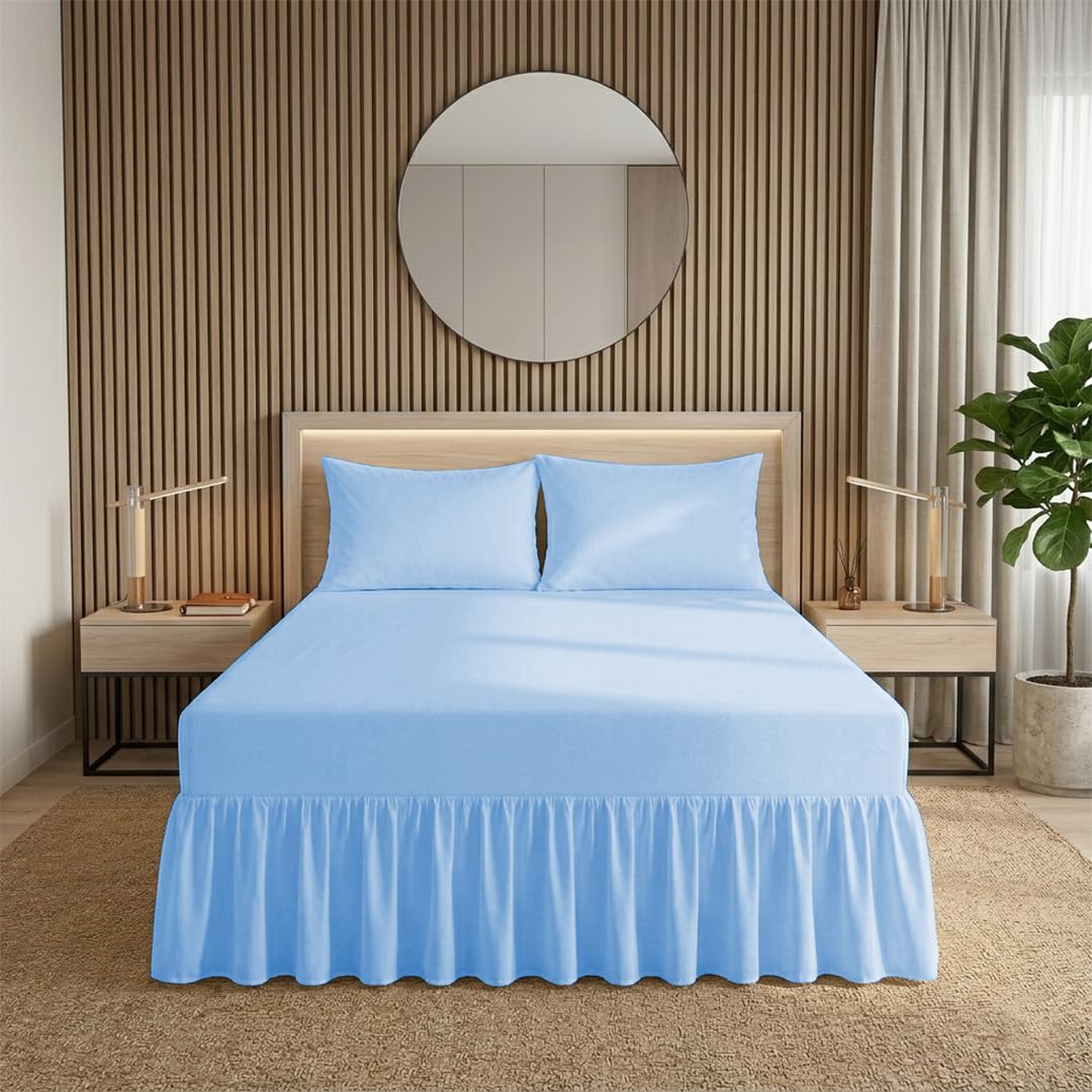Ziya Homes Fitted Valance Sheets - Polycotton Frilled Bed Skirt, Anti Allergic, Extra Deep, Easy Care (Sky Blue, Double)
