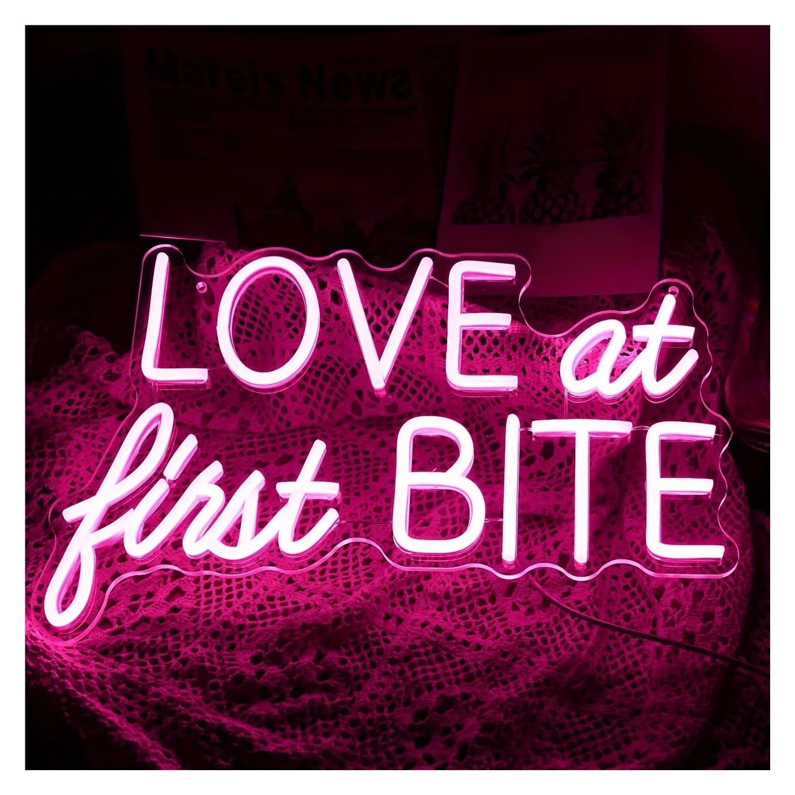 SHOUXI Sign Lamp Love At First Bite Neon Sign Dimmable Light USB Powered for Valentine's Girl Wedding Party Personalized Wall Art Decor 40cmx26cm