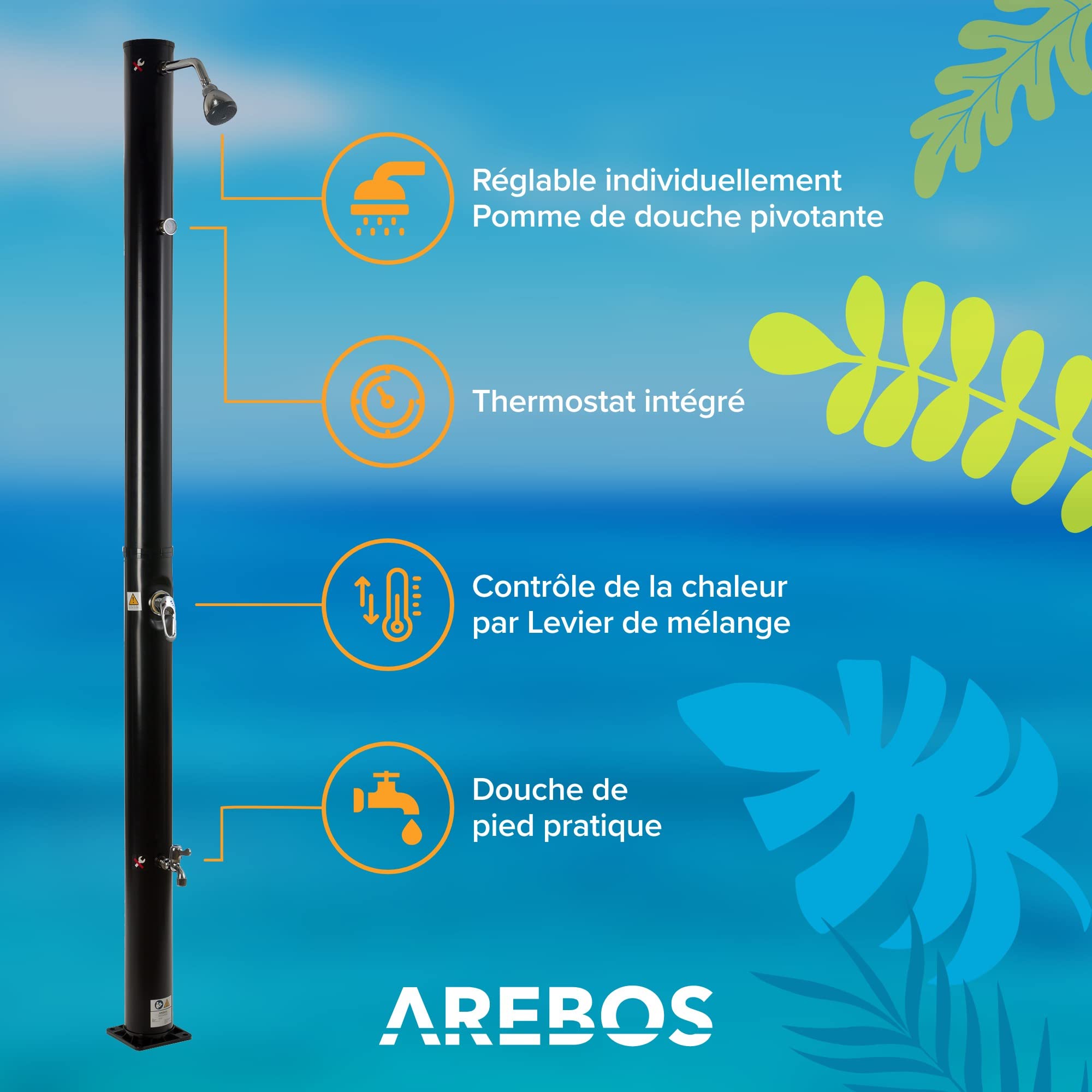 AREBOS Douche Solaire| 20 litres | 221cm | avec thermomètre intégré | pommeau de Douche Rond | avec Douche de Pied | Douche de Jardin avec raccord pour Tuyau d'arrosage | Technologie Snap-in Noir