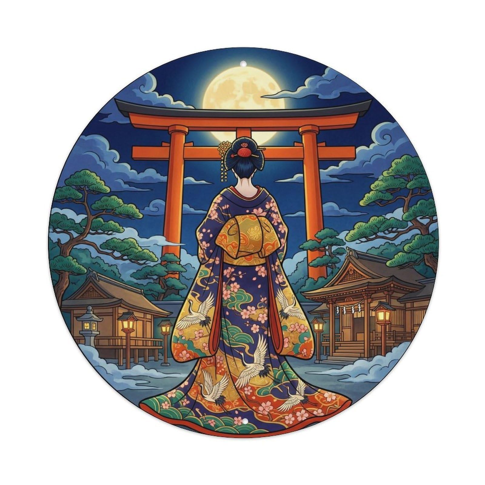 Yrnq 8X8inch Vintage Style Japanese Moonlit Shrine Geisha Worship Night Metal Tin Sign