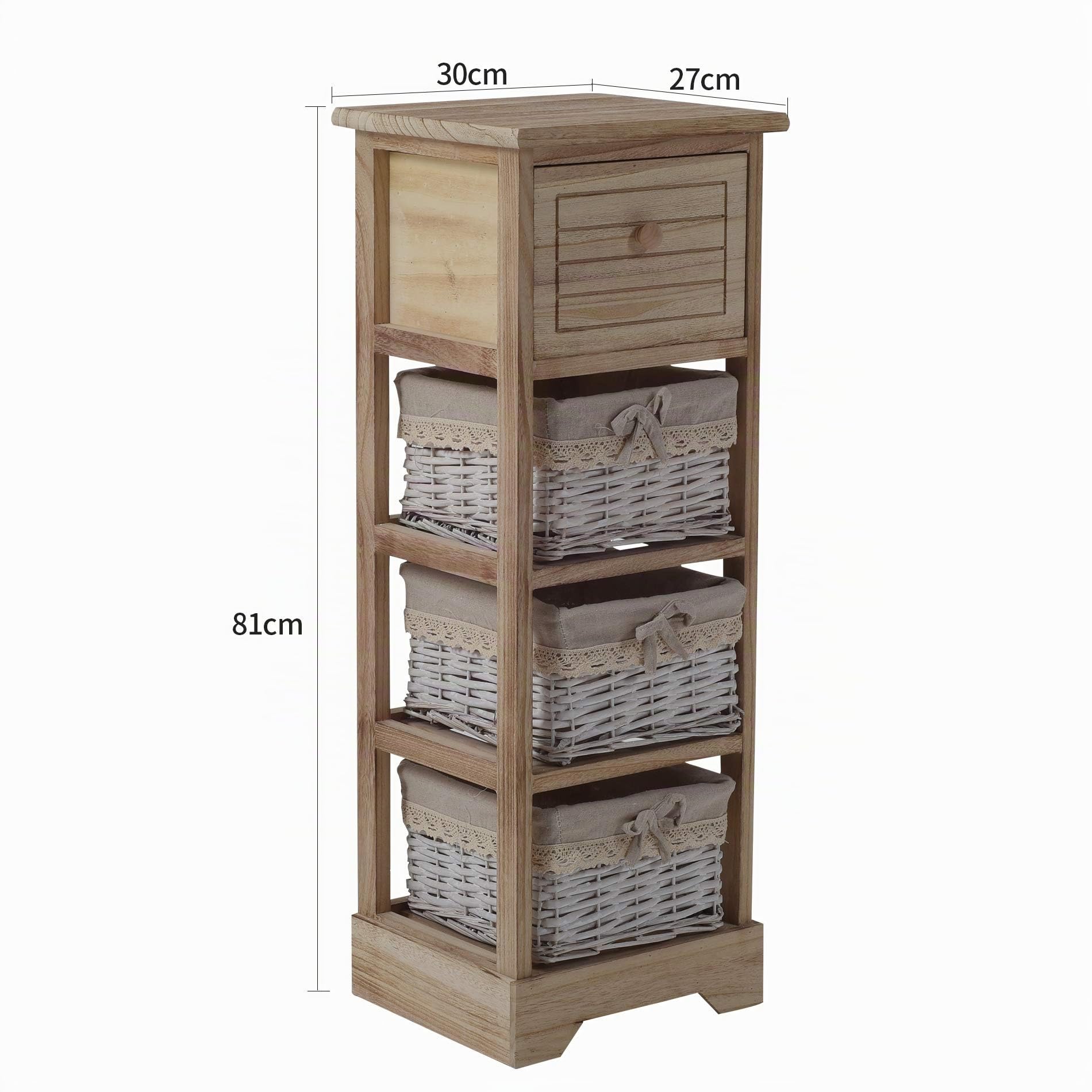 Rebecca Mobili Cajonera Mueble Organizador para Baño 1 Cajon 3 Cestas Madera Mimbre Marrón Claro Country Baño Cocina Decoración Hogar - 81 x 30 x 27 cm (A x AN x FON) - Art. RE6106