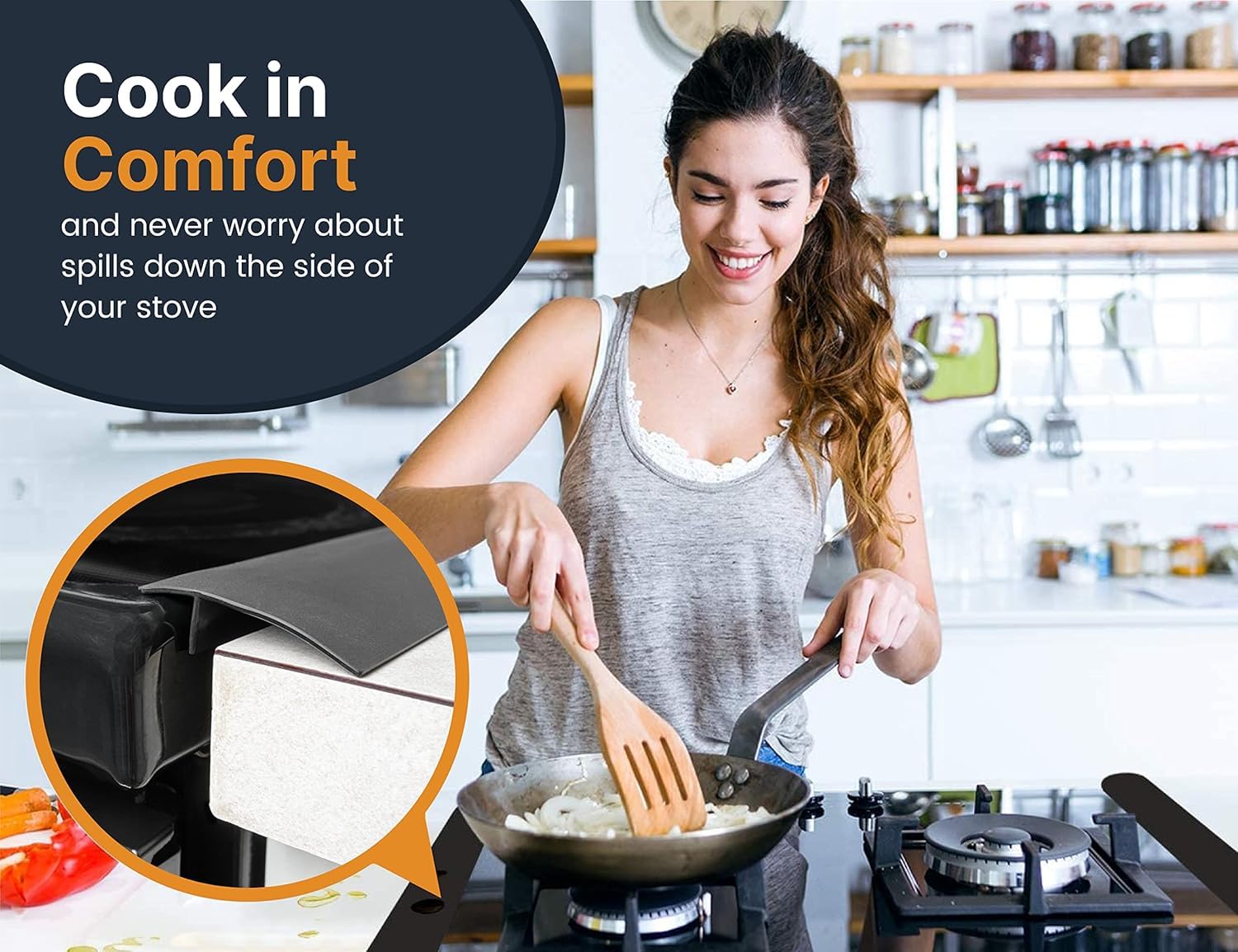GDQQOYWQT 2 Pack Silicone Stove Gap Covers,Heat-Resistant Cooker Side Strips,25in Oven Cooker Gap Filler Strip for Oven Stove Gaps Anti Stain Grommets (Black) - Image 2