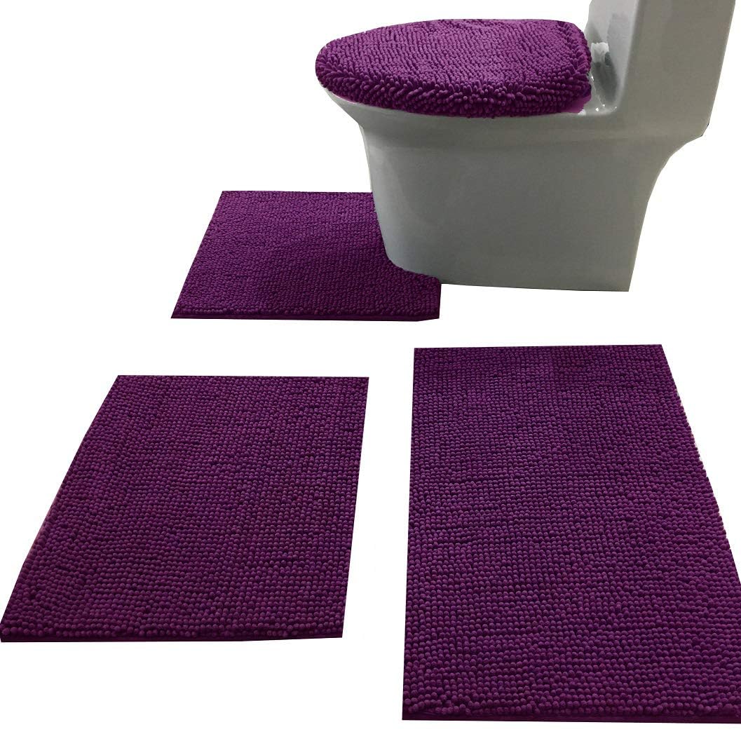 Madeals Badteppich-Set, 4-teilig, mit WC-Deckelbezug und Teppich-Set, weich, zottelig, 3-teilig und U-förmiger WC-Vorleger, Violett