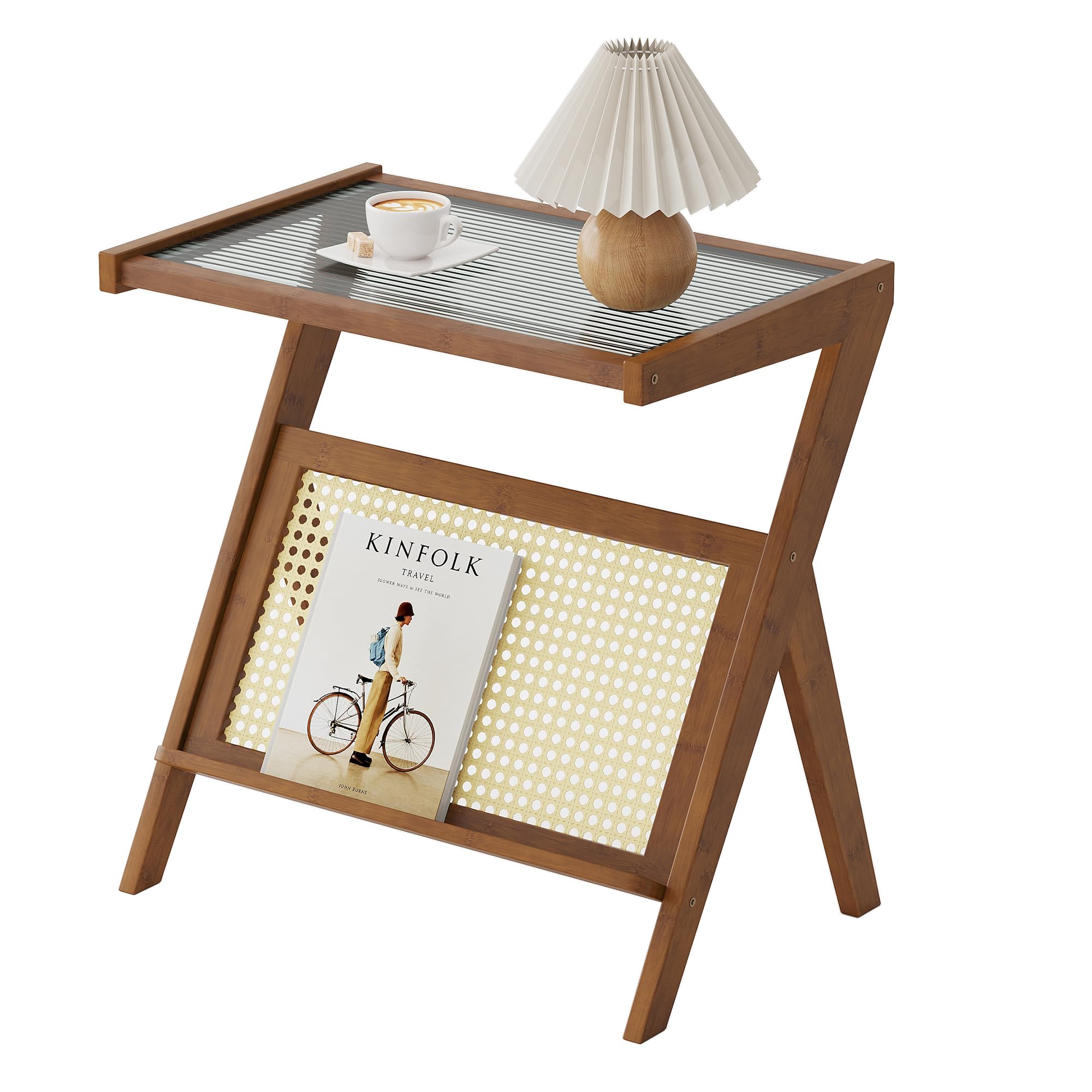 FILWH End Table Nightstand Side Table Glass Table Bamboo Faux Rattan Computer Desk Work Table Bedroom Coffee Table with Storage for Study Living Room Bedroom Outdoor(Large 21.7")