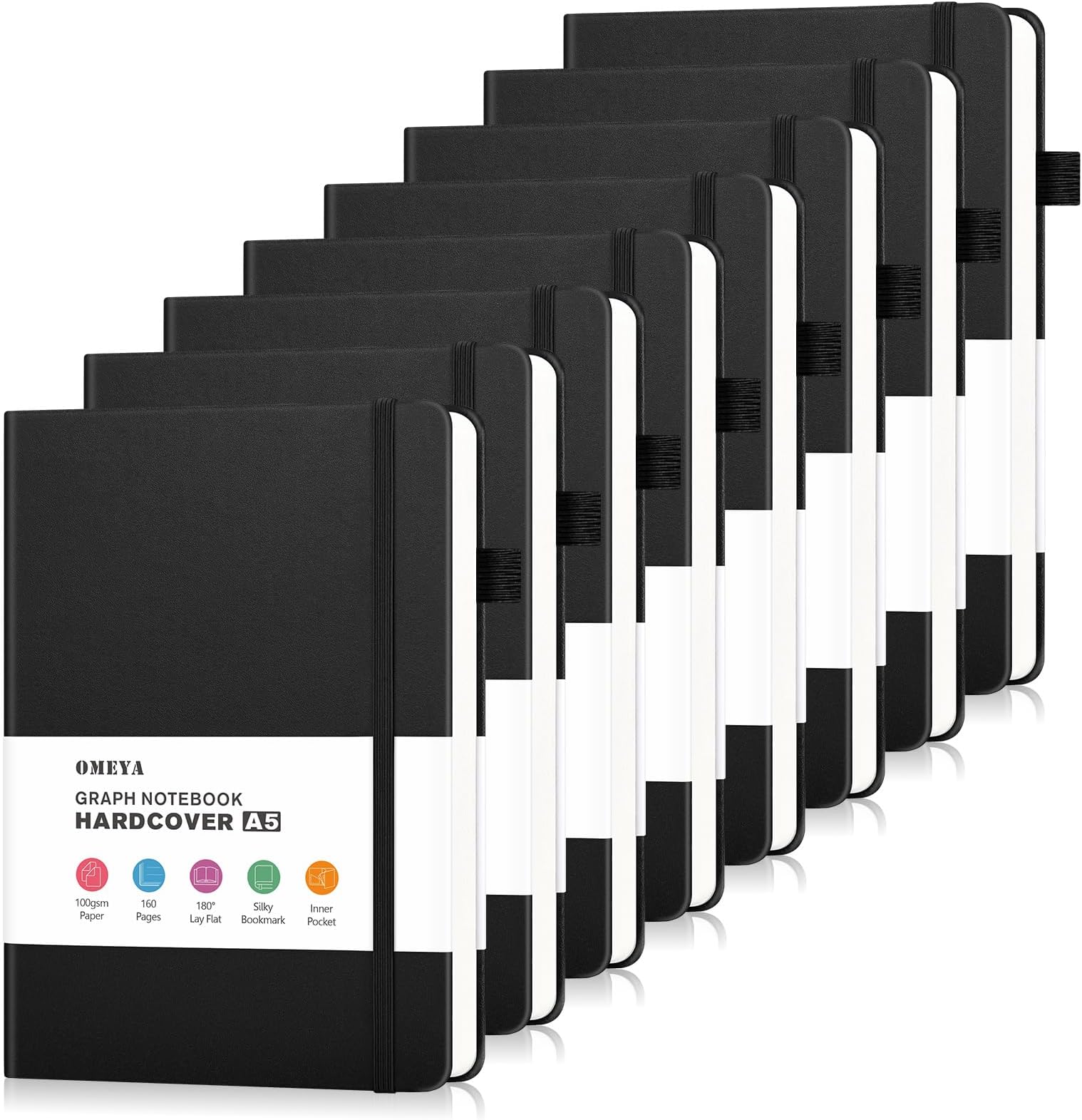 Graph Paper Notebook 8 Pack, 160 Pages, A5 Medium Size (5.7" x 8.3"), 100gsm Thick Grid Paper, Hardcover Leather Grid Notebook Journal for Writing, Graph Notebook for Work, School, Math, Engineering