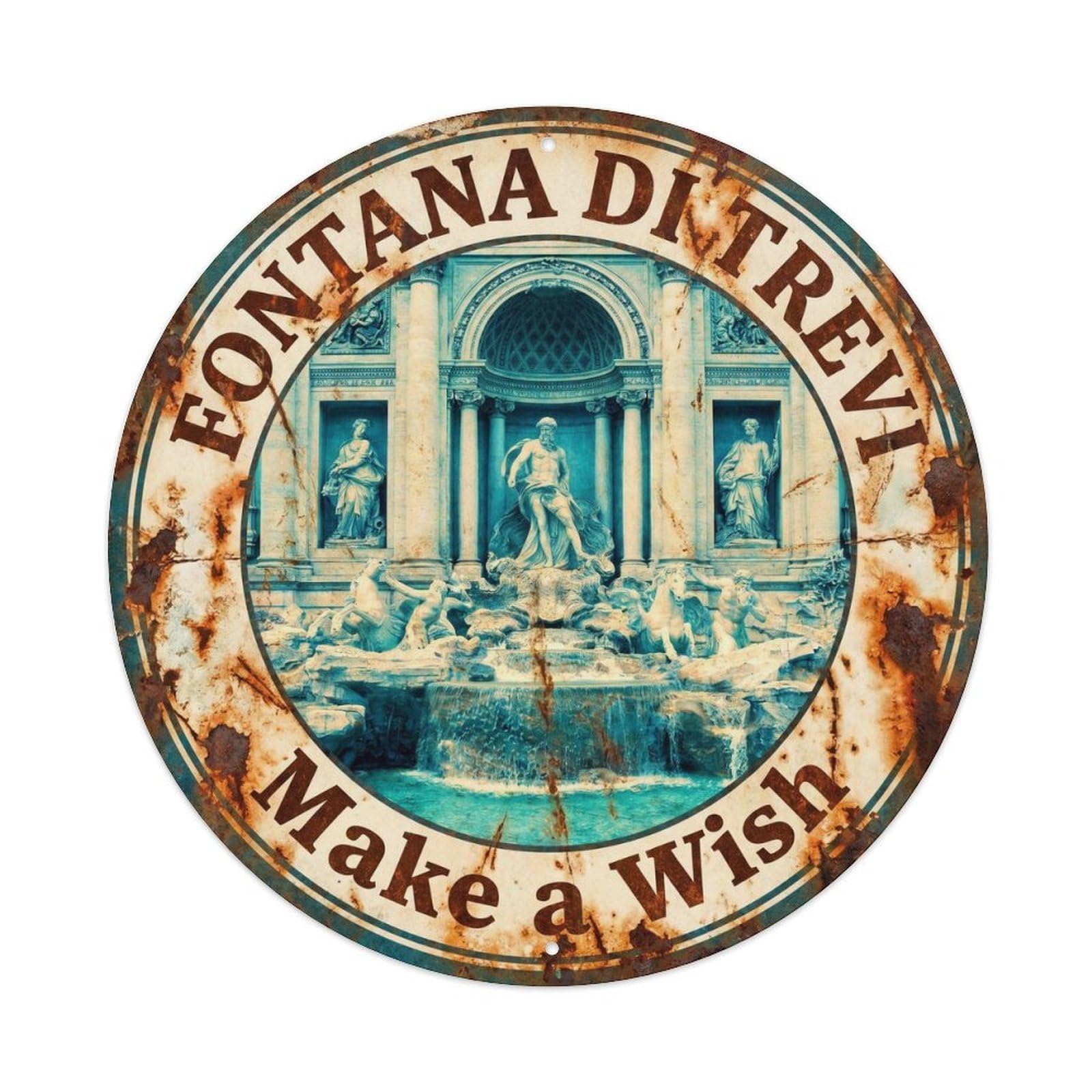 Vintage Travel Trevi Fountain Rome Metal Tin Sign Plaque Wall Decor for Cafe, Club Bar, Office, Home Garden Round Metal Poster 8x8Inch