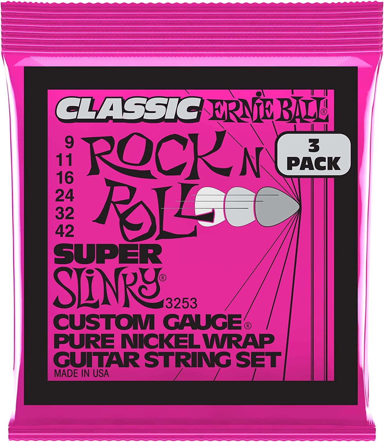 Ernie Ball, Regular Slinky Classic Rock n Roll, Corde per chitarra elettrica avvolte in puro nichel, confezione da 3, diametro 10-46