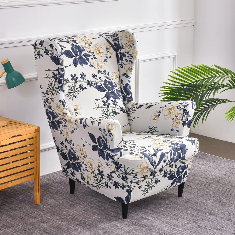 Wingback Fodera Per Sedia Con Schienale Alto - 2 Pezzi In Spandex, Motivo Foglie Blu, Elastica E Antimacchia, Protegge Da Animali E Usura