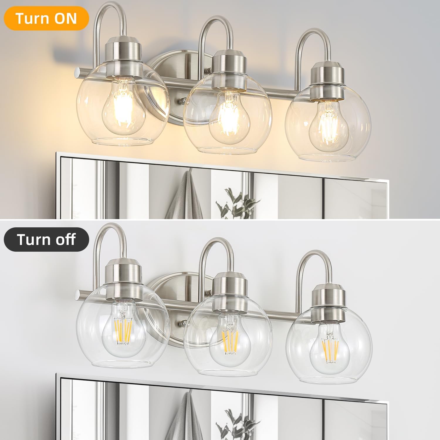 3-Light Bathroom Vanity Light, Brushed Nickel Bathroom Wall Light Fixtures, Modern Wall Sconce with Clear Glass Shades, Wall Lamps Over Mirror Washroom Bedroom Living Room Hallway image 2