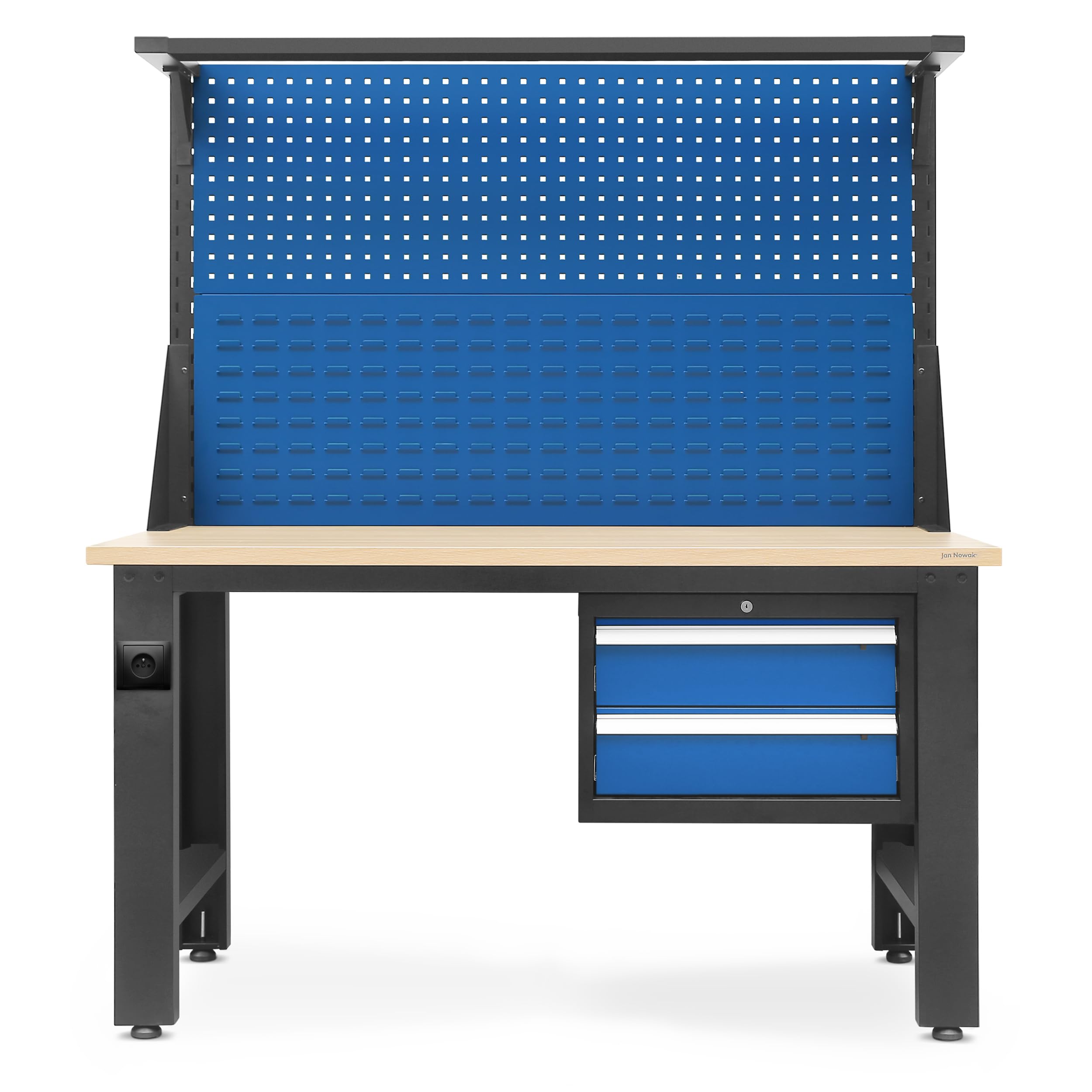 Banco de Trabajo con Pared Perforada Mesa de Trabajo 2 Cajones Enchufe Metal MDF 600 kg 170x150x75 cm Antracita Azul