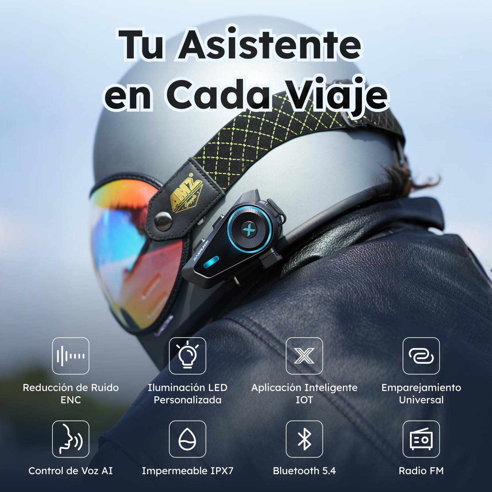 Intercomunicador Casco Moto, Control por Voz en Español, 4 Motociclistas Intercom, Bluetooth 5.4, FM, Cancelación de Ruido, Emparejamiento Universal, IPX7 - D10 Individual