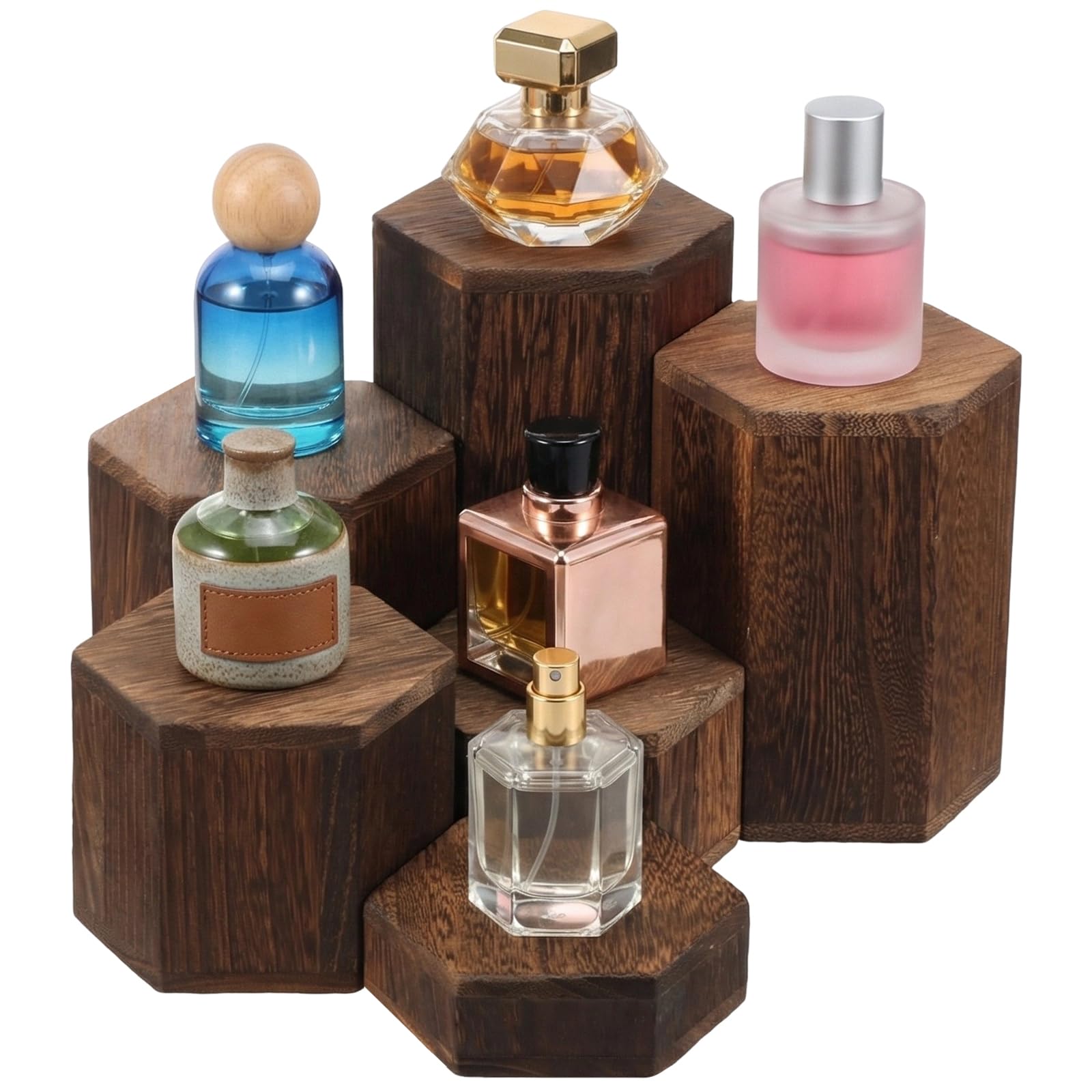HAIJED Wooden 6 Pcs Hexagon Riser for Display, Jewelry and Accessory Display Stand Coffee or Black for Bracelet Necklace Figurine Perfume(brown)