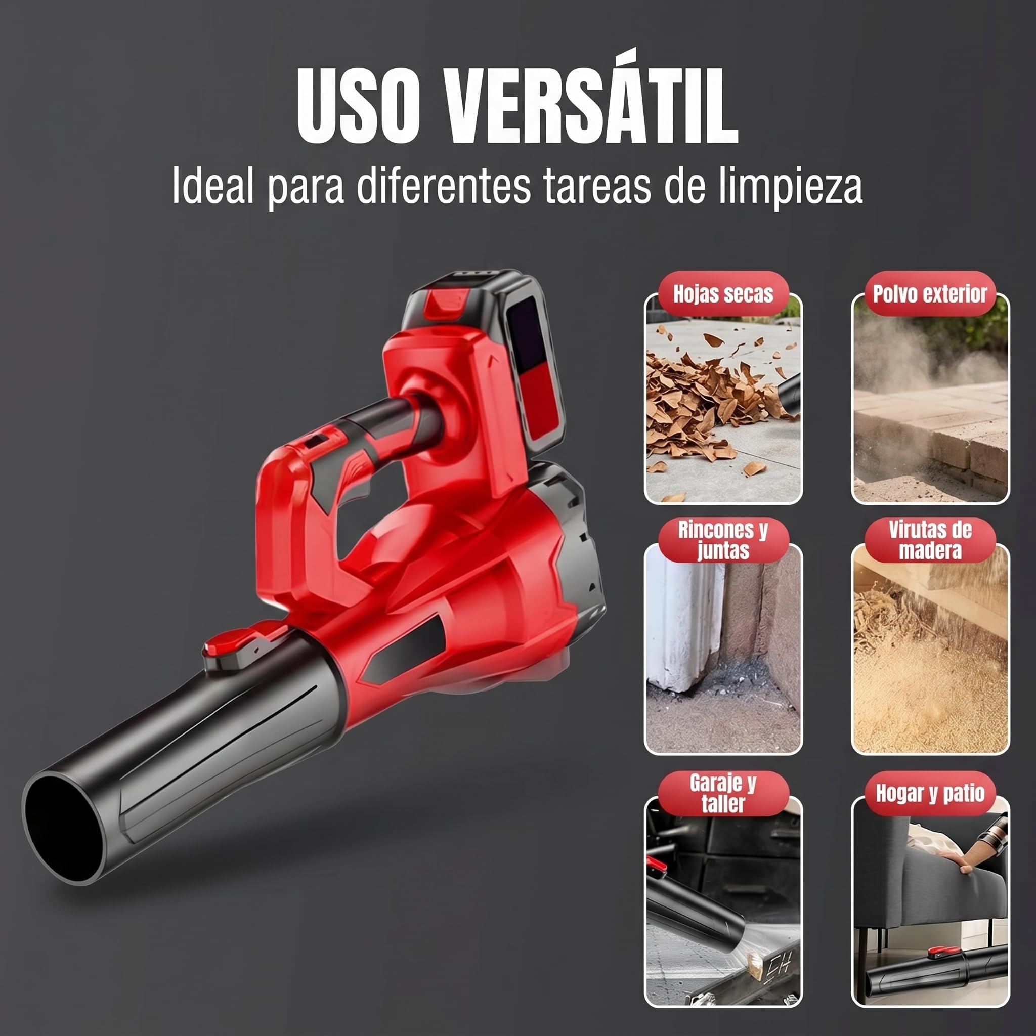 Soplador de Hojas Inalámbrico 21V con 2 Baterías 3.0Ah Li-Ion, Soplador Eléctrico Portátil Ligero 115/ms, Flujo de Aire Potente 850W, Ideal para Jardín, Terraza con 32000r/min, Garaje y Exterior.