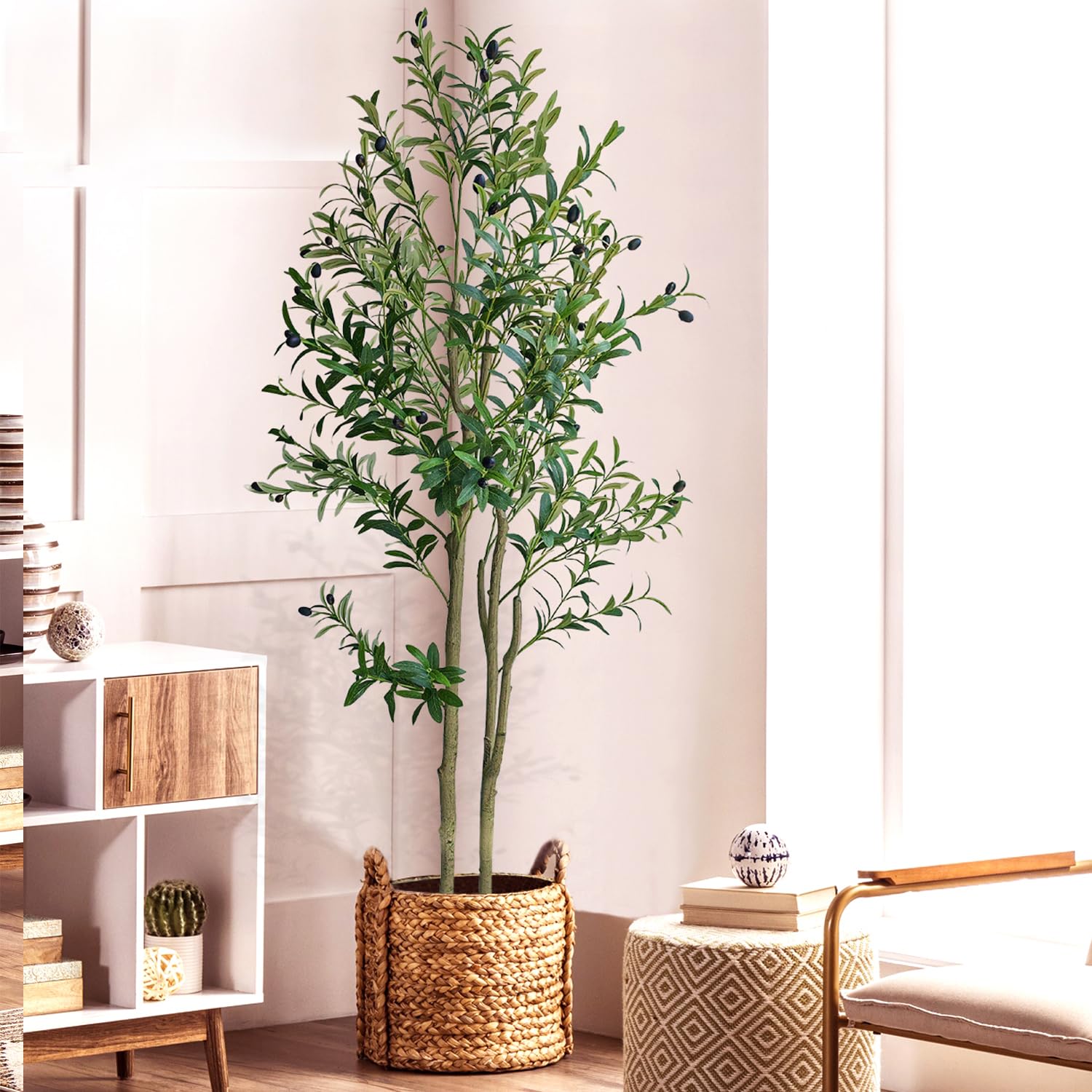 Faux Olive Tree 5ft, Realistic Tall Silk Olive Trees Artificial Indoor Decor - Large Fake Olive Tree with Realistic Leaves and Fruits for Modern Home Office Living Room Bedroom Stairs Foyer Decor