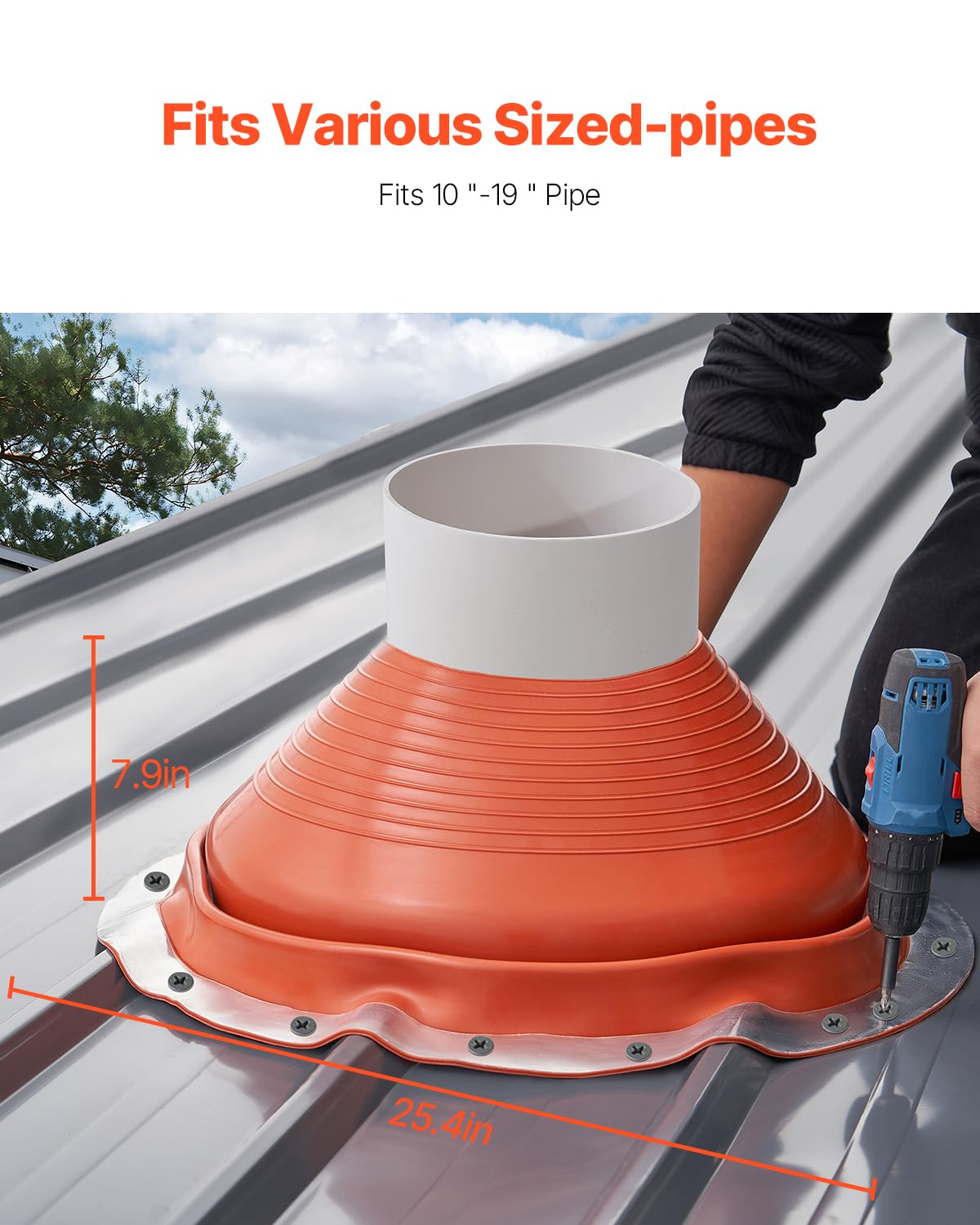 VEVOR Guarnizione per Tubo del Tetto, per Tubi con Diametro Esterno 254-483 mm, Guarnizione Flessibile in Silicone Temperatura -74℃-225℃, Base in Metallo Rosso Rotondo, per Camino Tubo Sfiato Esterno
