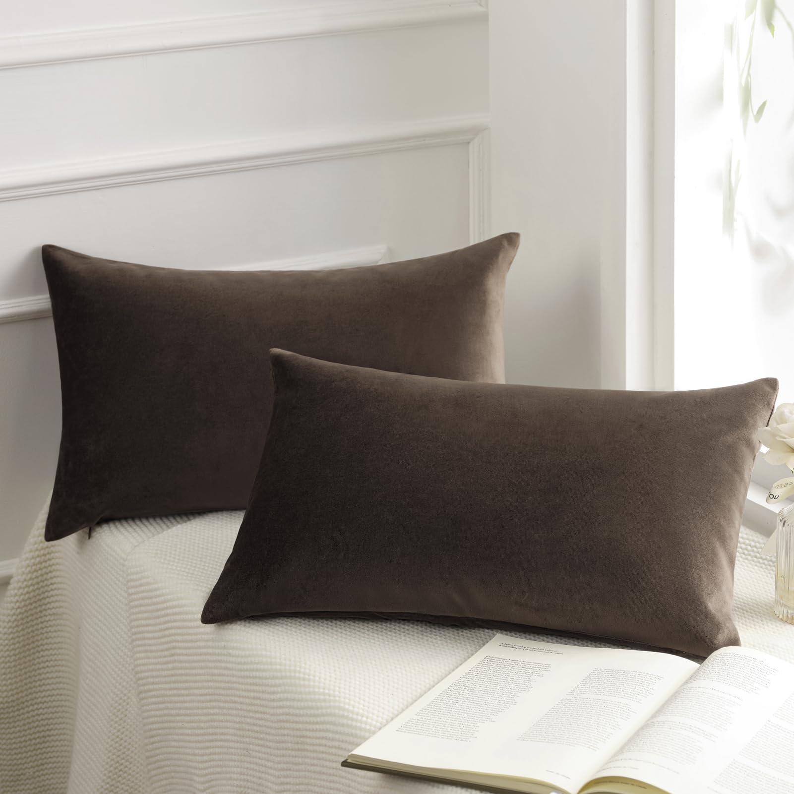 Phantoscope Pack of 2 Velvet Decorative Throw Pillow Covers Soft Solid Square Cushion Case for Couch Dark Coffee 12 x 20 inches 30 x 50 cm