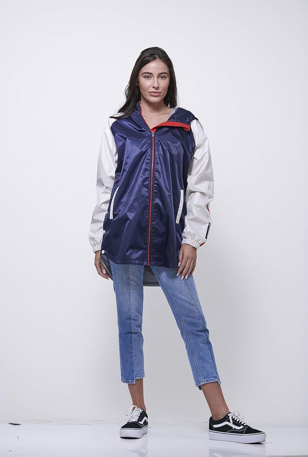 Members Only Women's Long Satin Twill Jacket with Hood Medium Navy