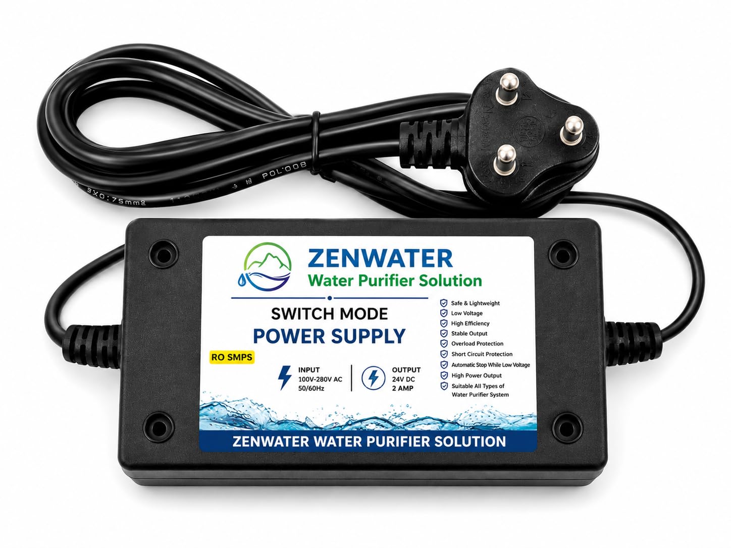 zenwater water purifier solution ro smps 24v 2a switch mode power supply for domestic ro water purifier | input 100-280v ac | overload & short circuit protection | black