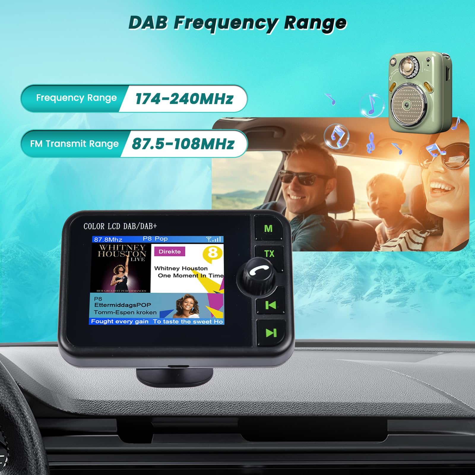 Hikity Adaptateur Dab Portable pour Android Autoradio avec écran LCD 2,4 Pouces, Petit Adaptateur Radio Numérique avec Mains Libres Bluetooth AUX-in Transmetteur FM Dab Digital Radio