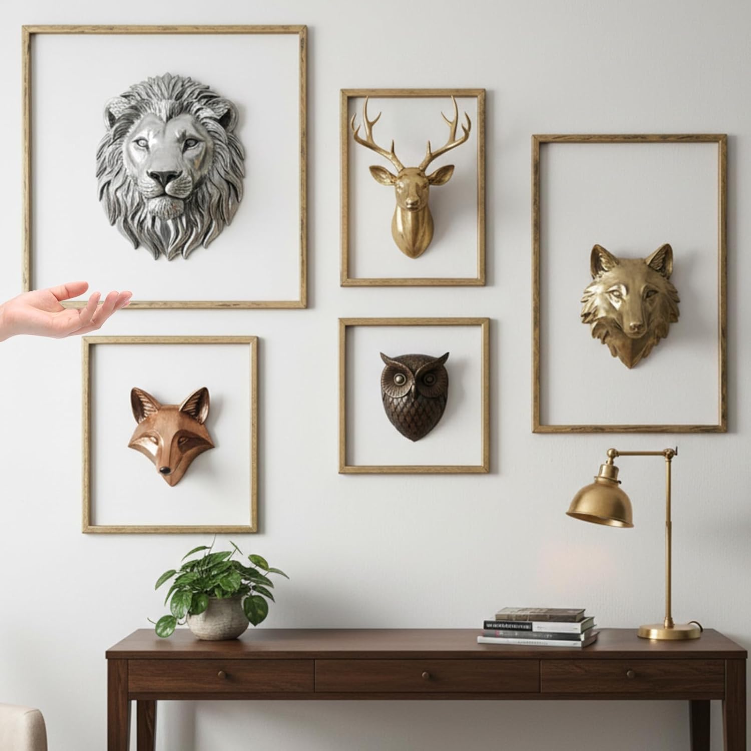 Otoolling 5 Pcs Gold Metal Frame for Animal Head Deer Skull Vintage Wall Mount Metal Brass Color Sculptures Frame Wall Art Hanging Decoration for Animal Skull Plaques 3D Sculptures Living Room Decor