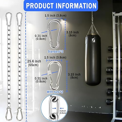 Miniatura 2 de Paquete de 2 cadenas de acero inoxidable resistente, cadena de saco de boxeo pesado con 4 mosquetones, kit de herramientas para hamaca de capacidad