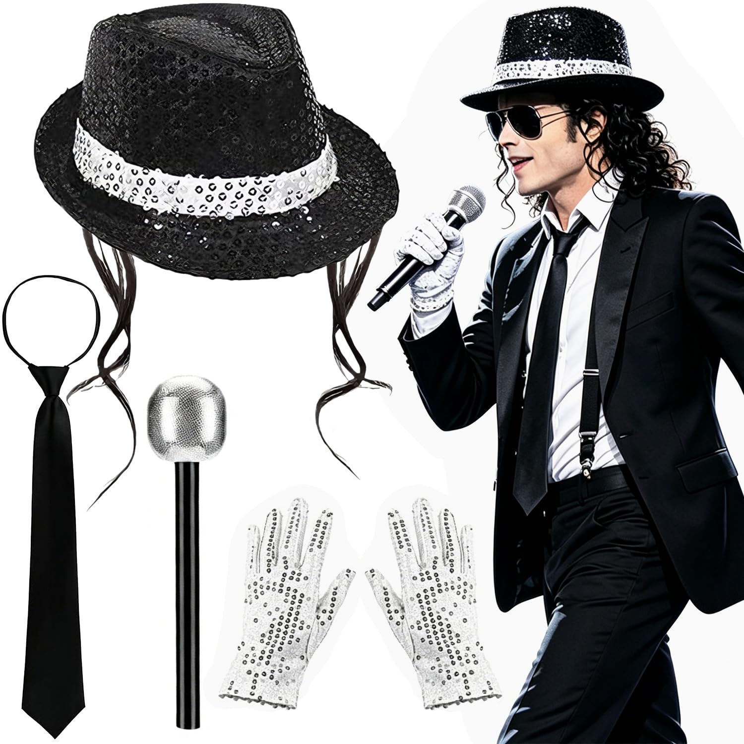 MJ Costume Accessories for Adults Disco Costume Set 80s Dancer Rocker Star Cosplay Fancy Dress Accessories with Jazz Sequin Hat Glove Microphone King of Pop Fancy Dress Set for Carnival Dance Party-D