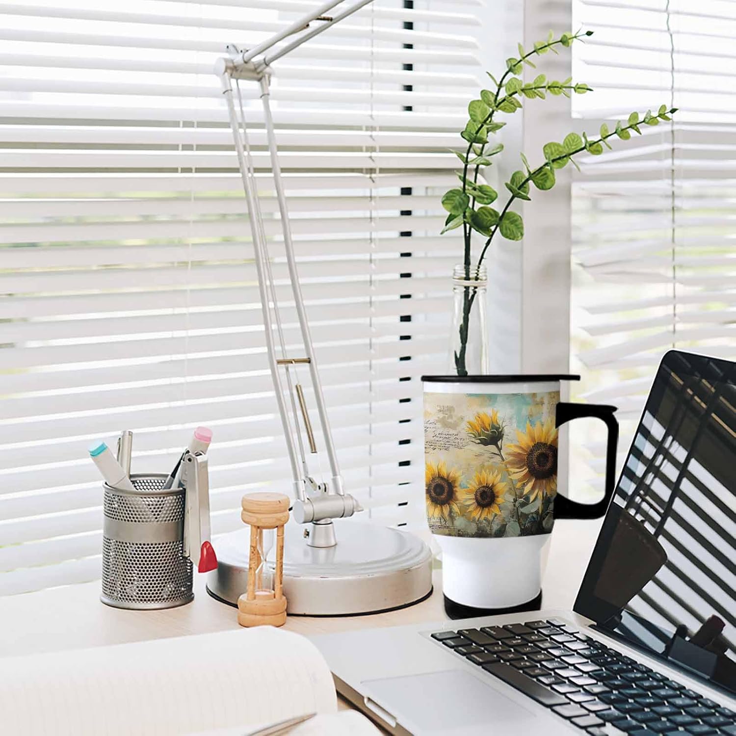 真空断熱タンブラー ひまわり 油絵 車用コップ 車載用タンブラー ふた付き マグカップ ストロー付き 保温保冷 コーヒーカップ カー