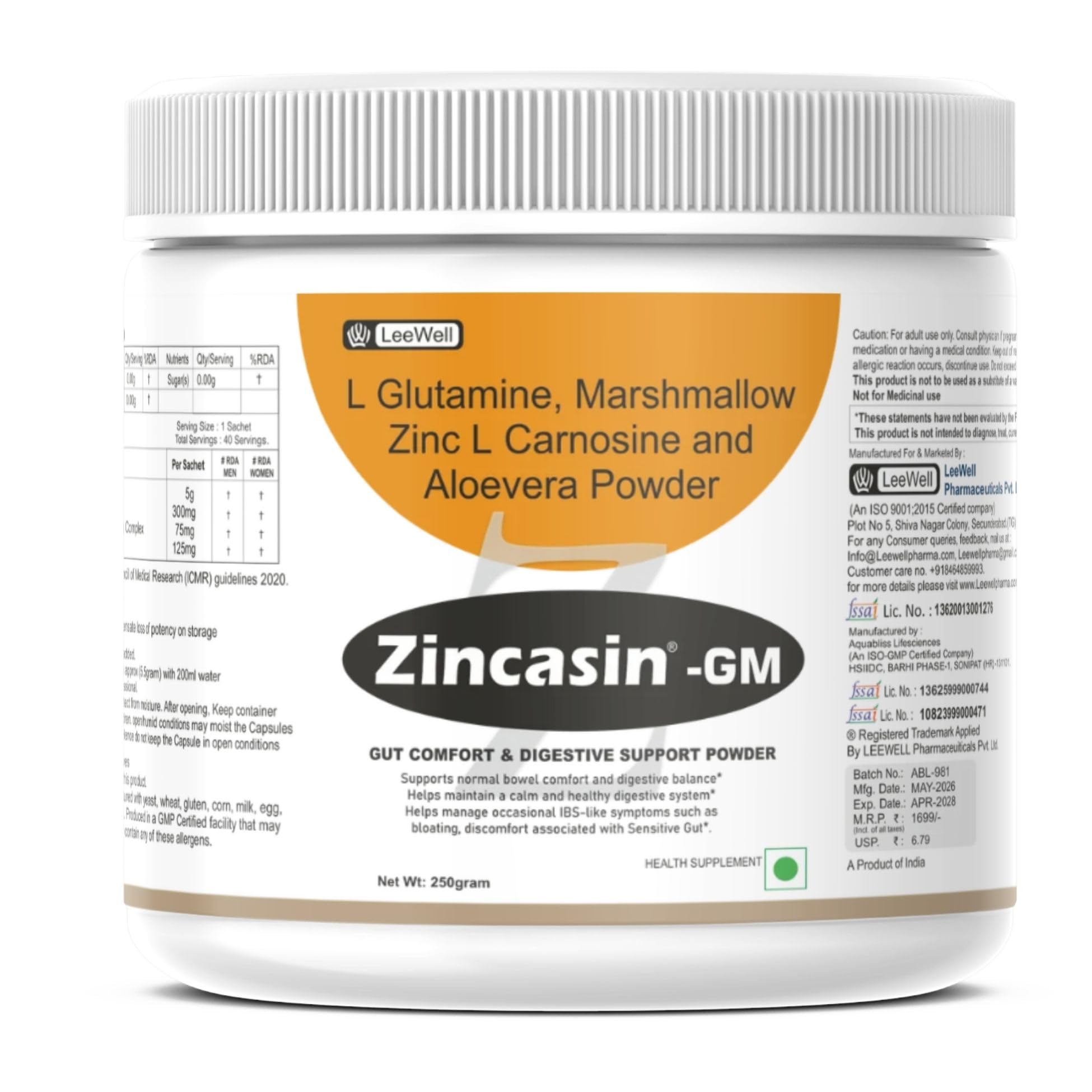 Zincasin -gm Advanced L-GLUTAMINE Powder for gut health | Zinc Carnosine, Aloe Vera, Marshmallow extract | Leaky gut care support (Sachet form) | Immunity Health, Amino Acid Supplement for Muscle Growth & Recovery - 5.5 gram per serving.-image-22