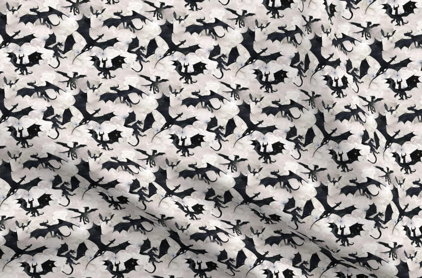 Spoonflower Fabric - Small Dragons Black White Dragon Fantasy Printed on Organic Cotton Sateen Fabric by The Yard - Sewing Quilting Apparel Home Decor