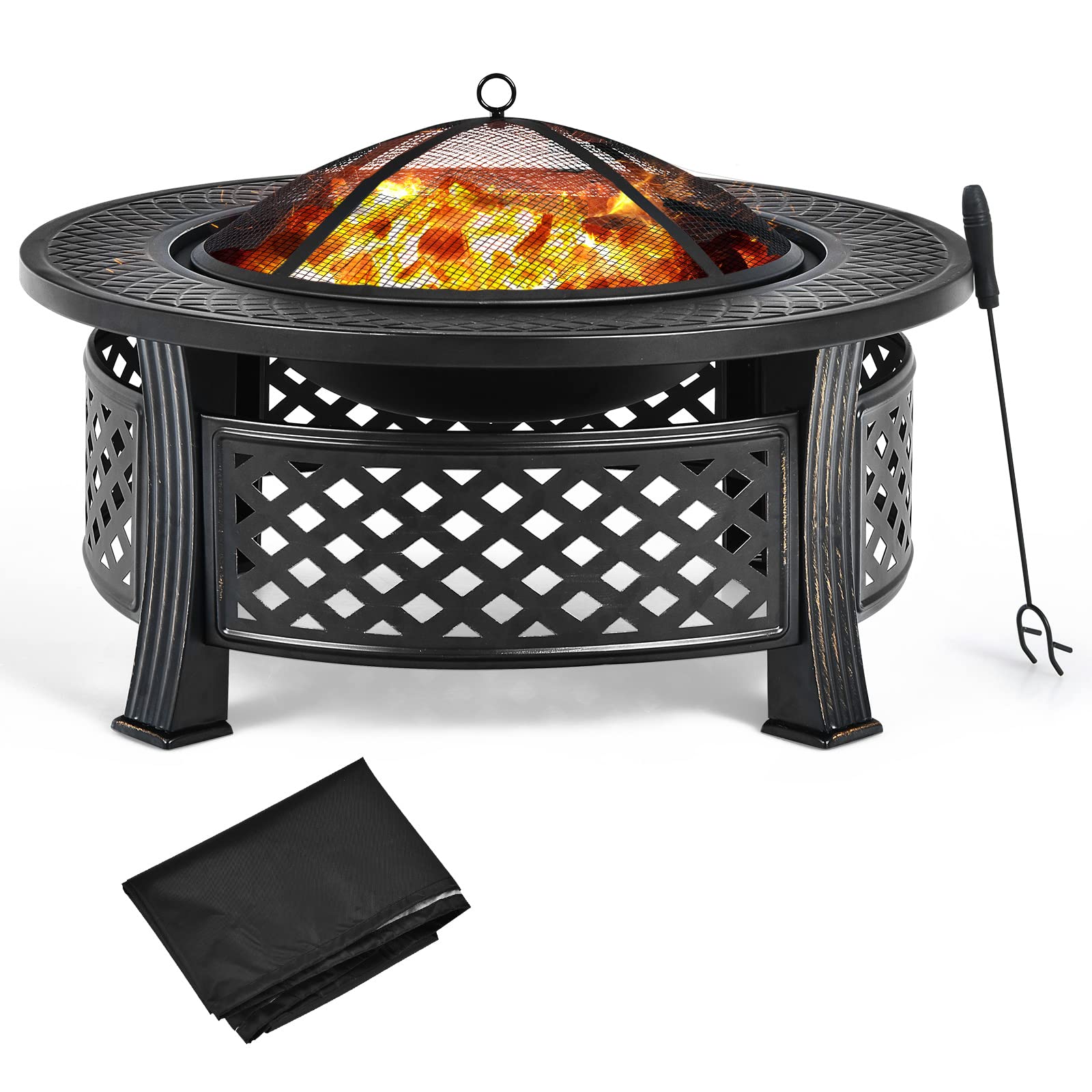 GOPLUS 3-en-1 Braséro Extérieur Jardin Rond, Foyer avec Grille de Barbecue, Pare-étincelles, Grille à Bûches, Poker, Housse Anti-Pluie, pour Extérieur Jardin, Patio, Camping, Pique-Nique,81 x 50 cm