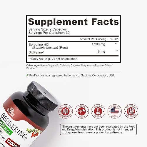 Miniatura 5 de Suplemento de berberina de 1200 mg – 5 veces mayor absorción – Ultra puro 98% Berberina HCL – Control de peso saludable, apoyo inmunológico – Sin