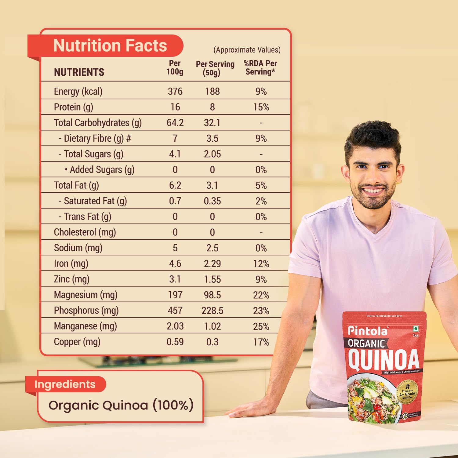 Pintola Organic Quinoa 1kg, Cereal for Breakfast, High in Protein & Dietry Fibre, Minerals, Cholesterol-Free, Gluten-Free Quinoa Seeds Diet Food for Weight Management (1kg) - Image 2 thumbnail