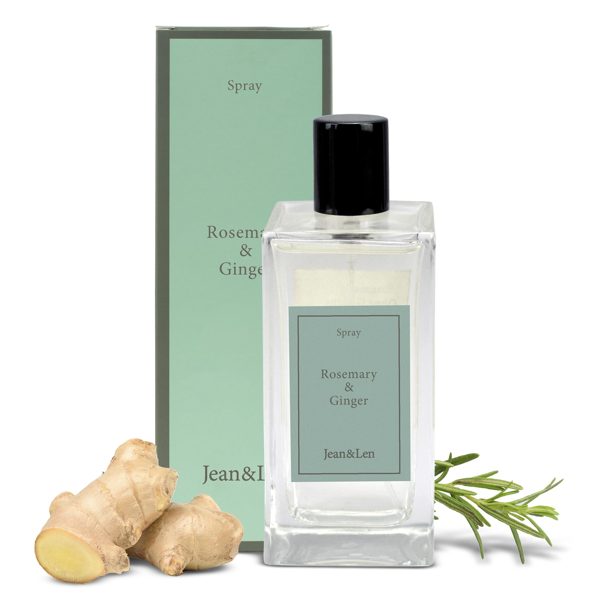 Jean & Len Spray ambientador Rosemary & Ginger, en un frasco de vidrio sencillo, para un aroma especiado y fresco, spray ambientador, aroma unisex a romero y jengibre, vegano, 100 ml