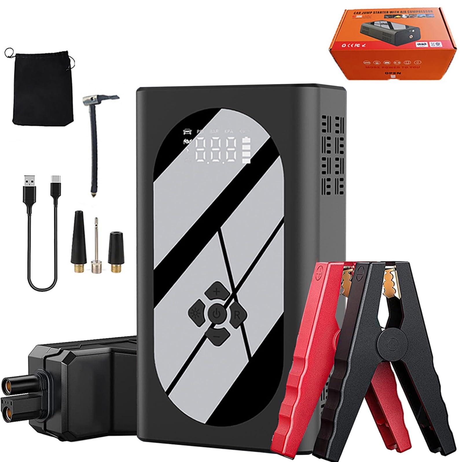 Jump Starter Power Pack z kompresorem powietrza, 150 PSI 8000 mAh 1500 A prąd szczytowy samochód awaryjny Jump Starter Power Bank (do 12 V 5,0 l gazu / 3,5 l oleju napędowego) z wyświetlaczem, latarka