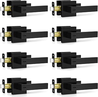 Plustool 8 Pack Matte Black Door Handles Interior, Keyless Interior Door Knobs, Privacy Door Locks for Bedroom Bathroom, Heavy Duty Square Door Lever Locksets, Reversible for Left&Right Handled Doors
