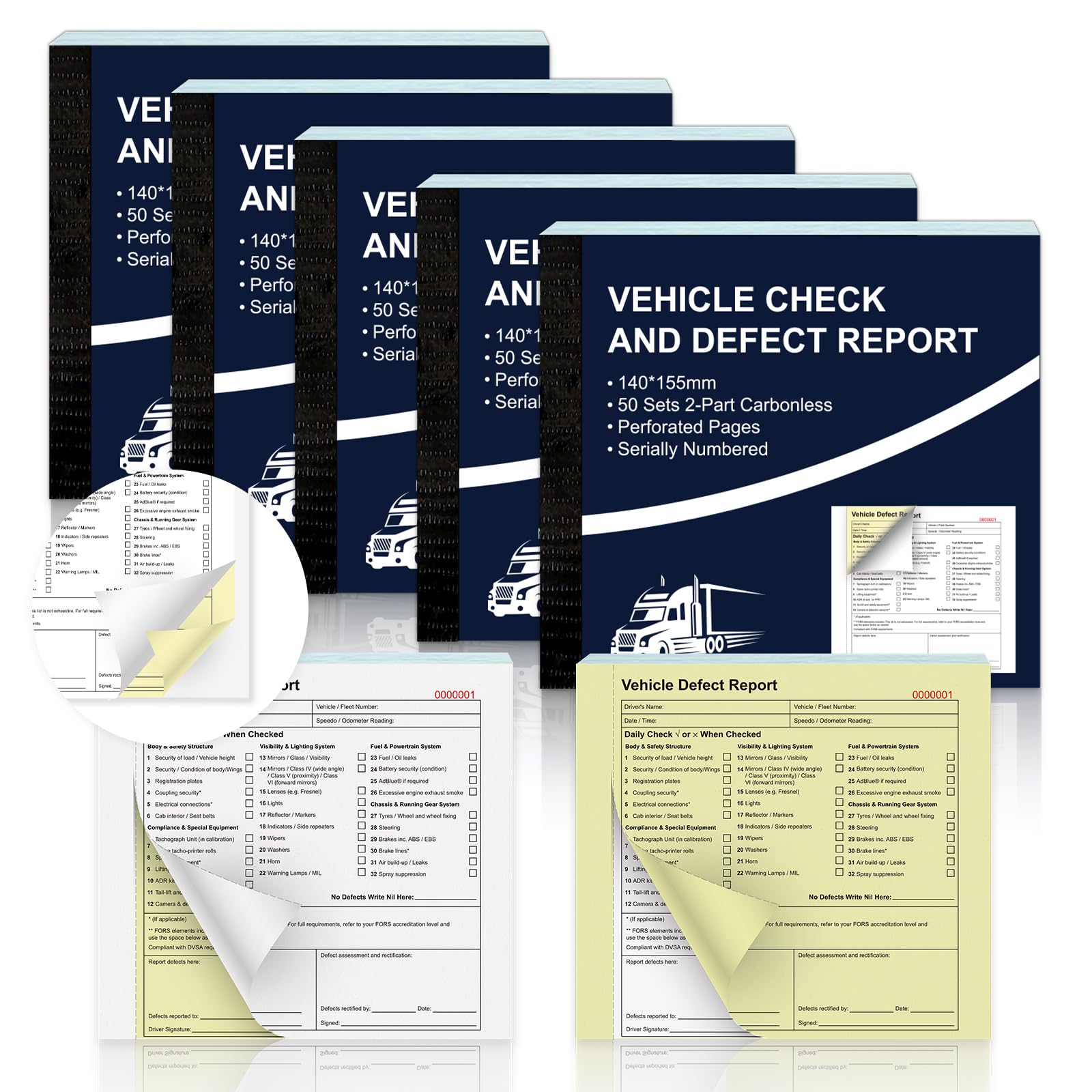 5 Pack Vehicle Check and Defect Report Books 2 Part 50 Sets Carbonless Duplicate Pages Continuous numbering Car Service Booklet for HGV LGV PCV Trucks Van Lorries 250gsm Paper Cover 140 x 155mm โ image 1