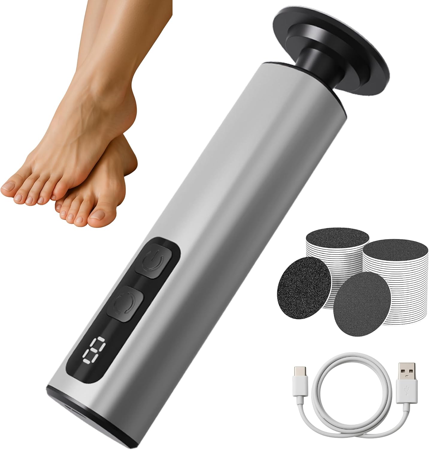Premium Electric Foot Callus Remover with 60 Replacement Sandpaper Discs, Wireless and Rechargeable Foot File and Grinder for Dead Skin, Pedicure, Dark Grey Color - Amazon product rated Grade B