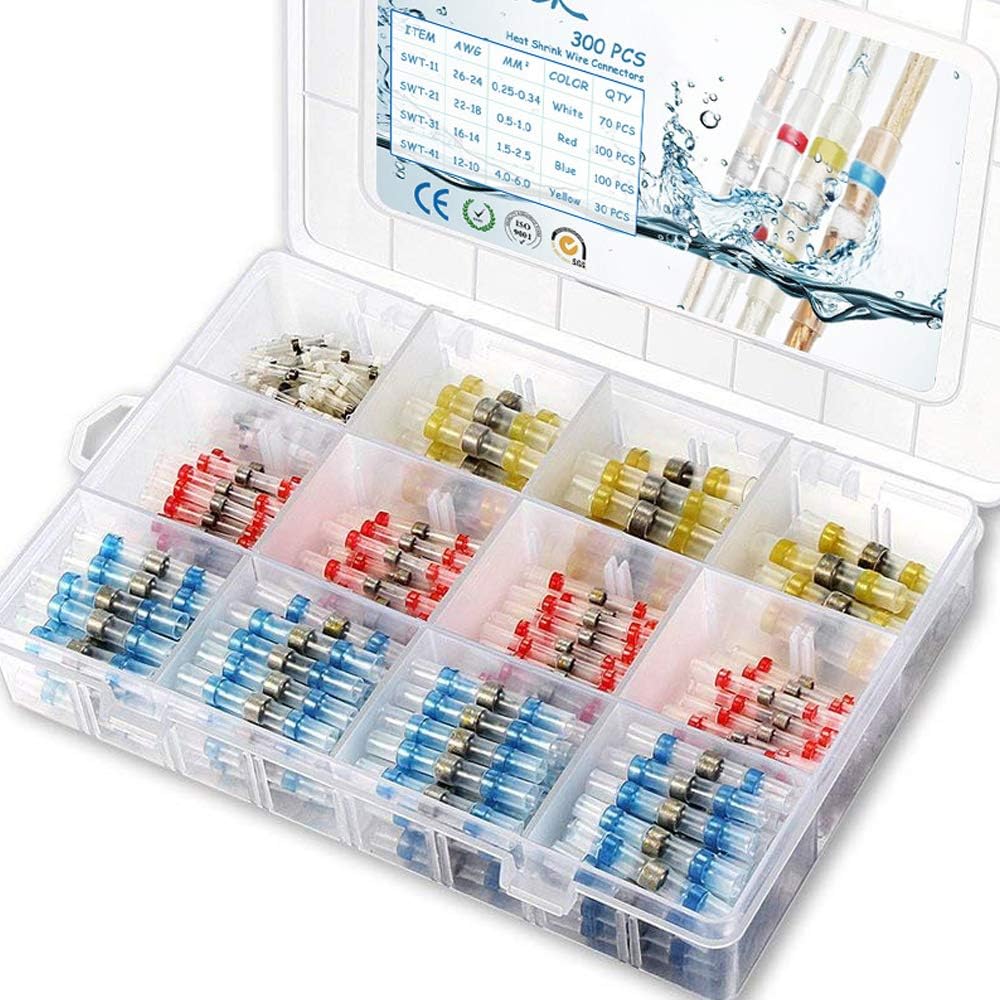 300PCS Solder Seal Wire Connectors, Camtek Heat Shrink Butt Connectors Terminals Electrical Wire Connectors Insulated Waterproof Marine Automotive Copper Connectors Kits