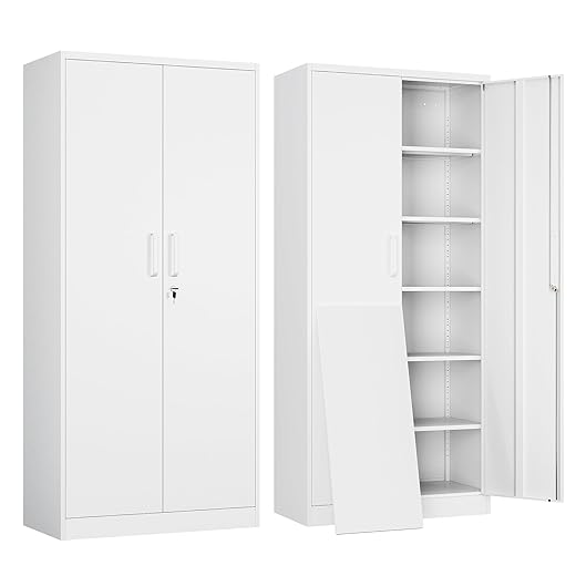 Yizosh Metal Garage Storage Cabinet with 2 Doors and 5 Adjustable Shelves - 71" Steel Lockable File Cabinet,Locking Tool Cabinets for Office,Home,Garage,Gym,School (White)