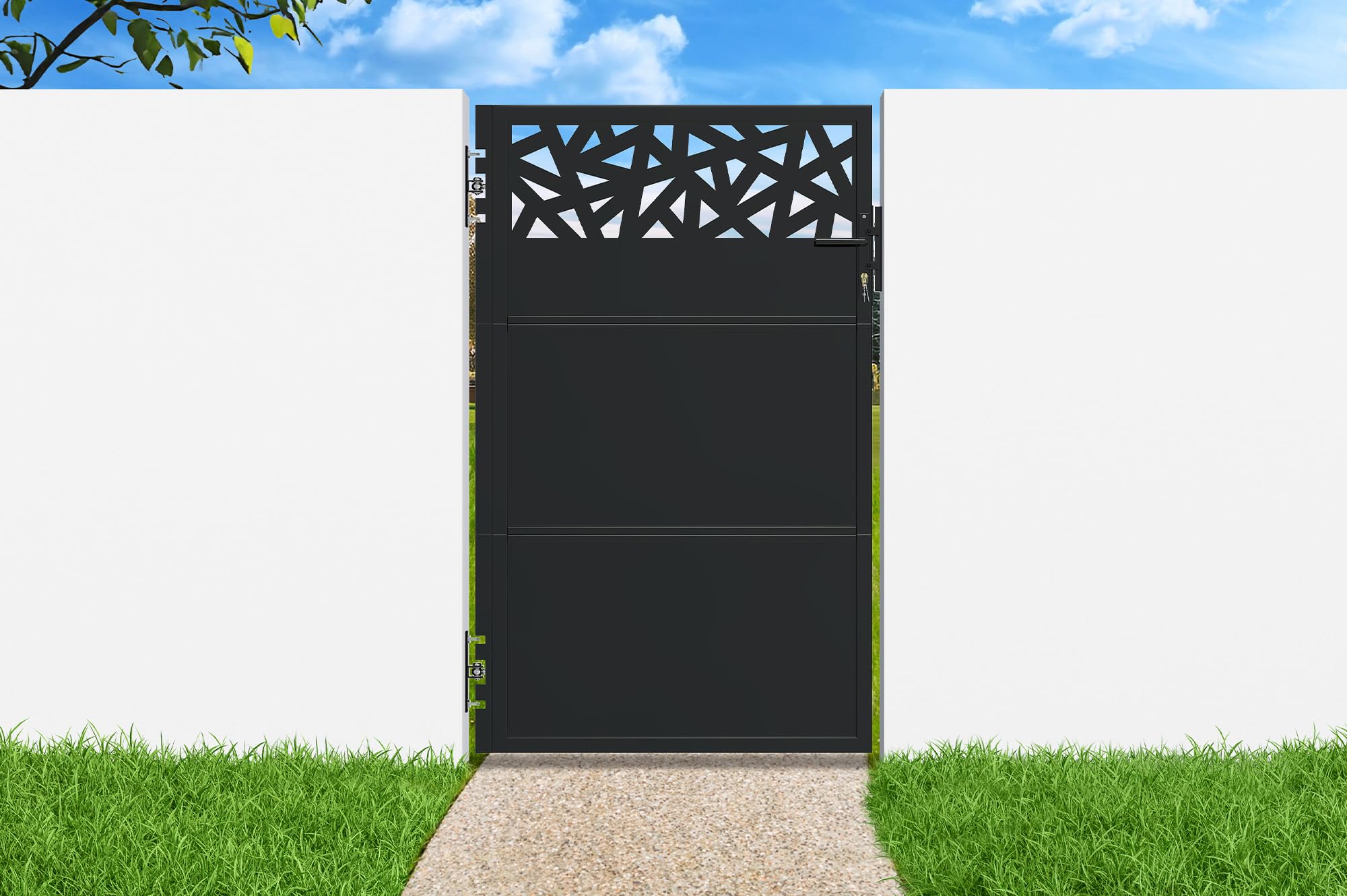 Casanoov - Portillon Acier Galvanisé NALI RUIVO - 103 x 160 cm - 1,03 m x 1,6 m 1,65 m² - Noir Mat - Motif Géométrique - Passage Piéton Sécurisé - Kit Complet Serrure Et Visserie