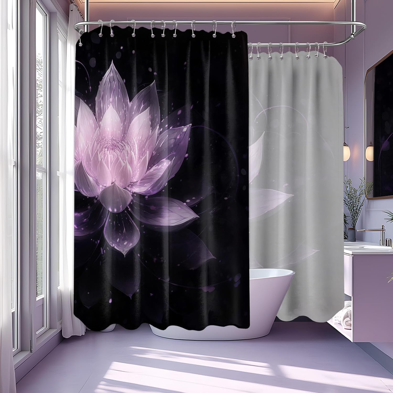 Black and Light Purple Shower Curtain Plum Lilac Mauve Lavender Lotus Flower Shower Curtains for Bathroom Decor Sets, Waterproof Cloth Fabric with Hooks, 108x72in