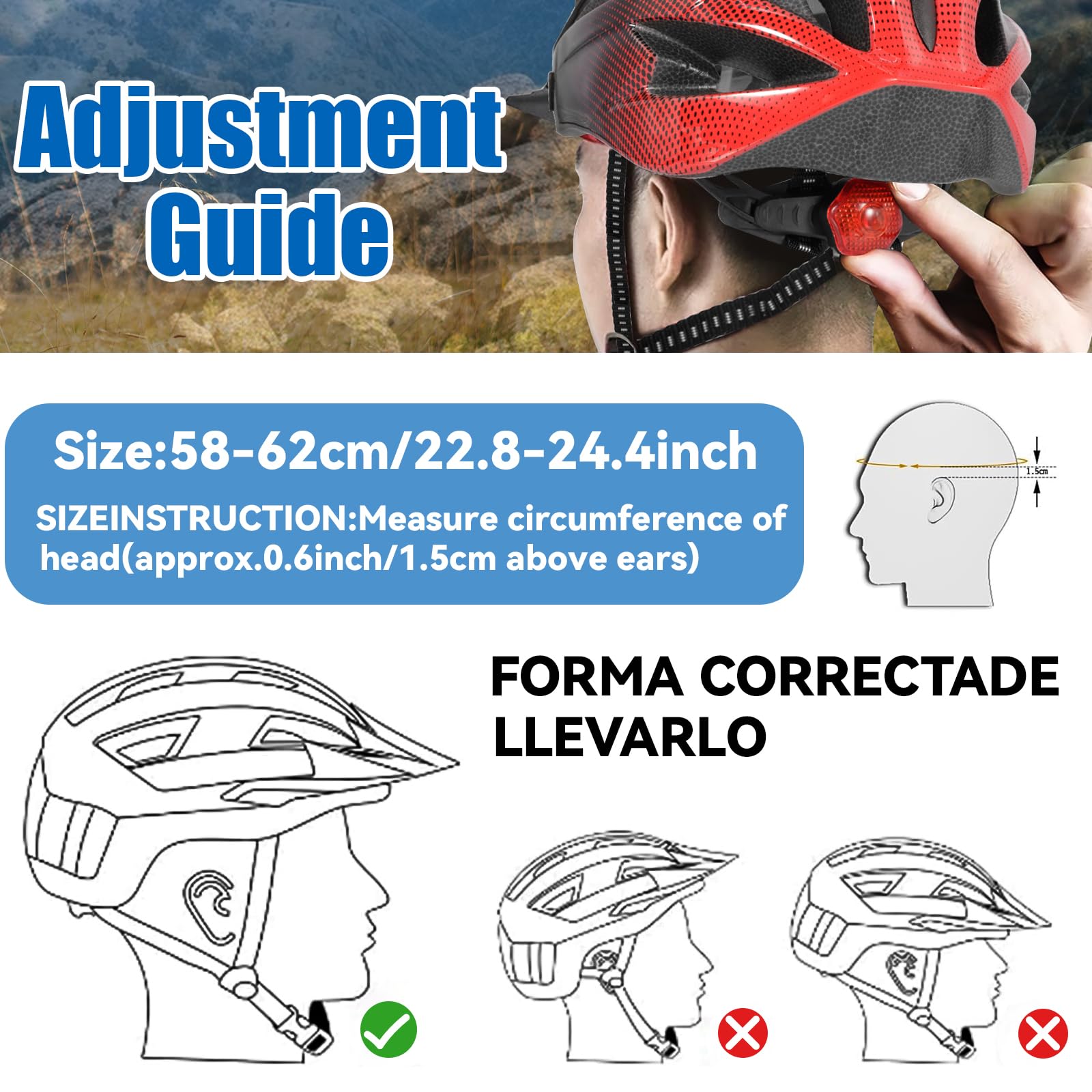 Casque de Vélo LED 3 Modes Léger Réglable Visière Amovible Taille 58-62 cm