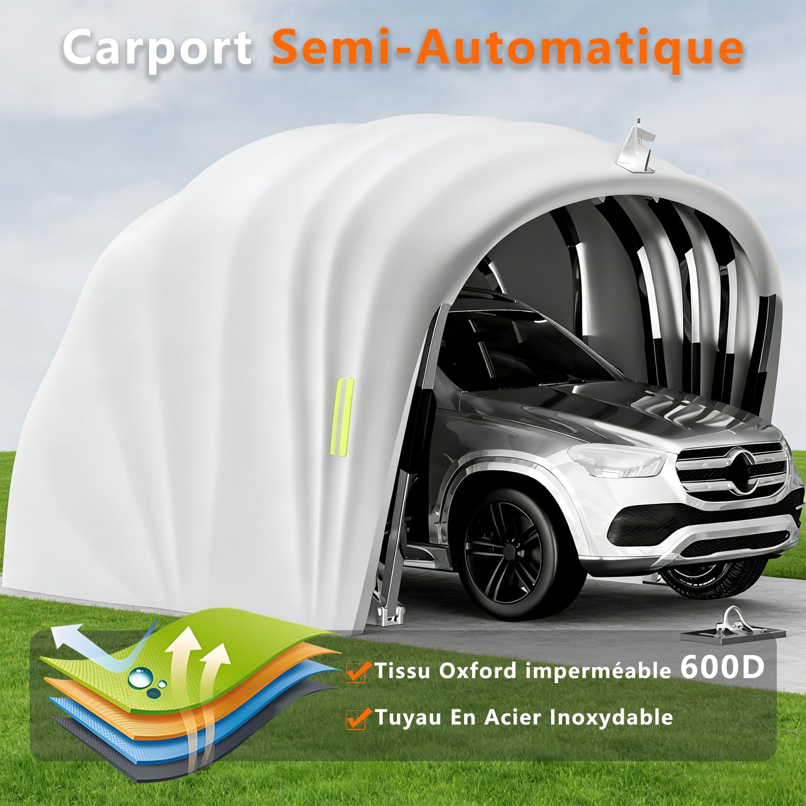 Abri de Voiture Semi-Automatique Pliable en Acier Inoxydable, Garage Mobile Extérieur L 5,9 × H 2.45 × W 2,7m, Carport Imperméable Anti-UV avec Verrou au Sol, Gris, pour Voitures SUV