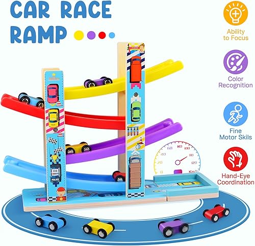 Miniatura 5 de Juguetes Montessori para niños pequeños, juguete de pista de carreras para niños con 4 autos y 1 estacionamiento de madera, base estable, juguete de
